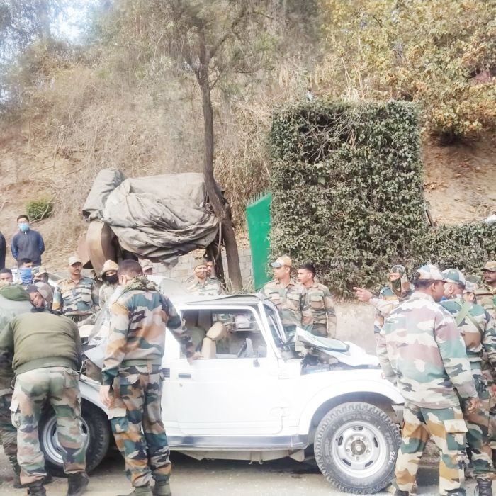 One of the vehicles which was damaged when an army truck which suffered mechanical failure hit it in Kohima on January 18.